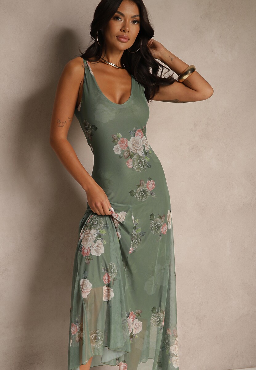 Ciemnozielona Sukienka Siateczkowa w Kwiaty Milosea