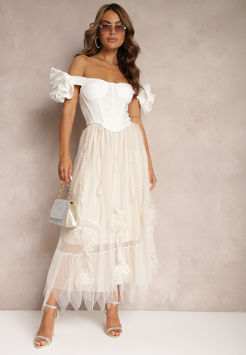 Jasnobeżowa Spódnica High Waist z Gumką w Talii o Siateczkowym Wykończeniu Vikkissa