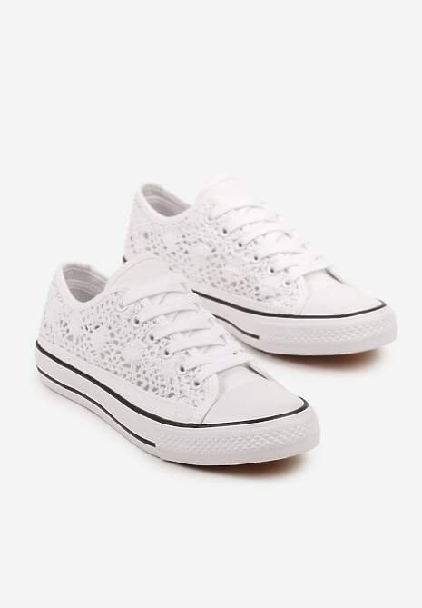 Biało-Czarne Ażurowe Trampki pod Kostkę ze Sznurowaniami Zelimia