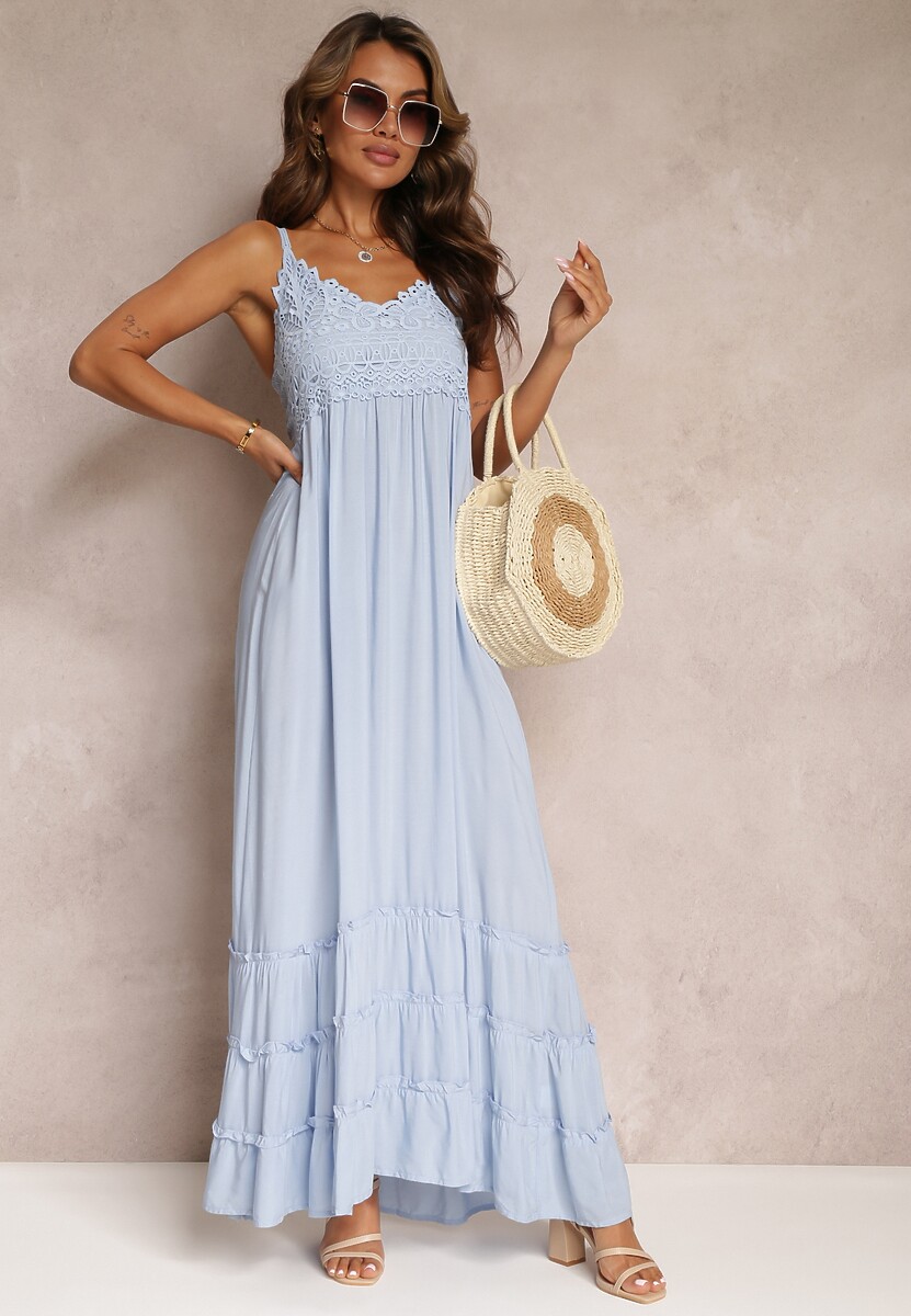 Niebieska Rozkloszowana Sukienka Maxi z Koronką i Głębokim Dekoltem Zonila