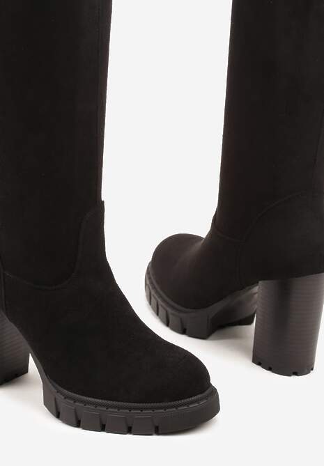 Czarne Kozaki z Imitacji Zamszu na Obcasie Typu Słupek Rilaresa