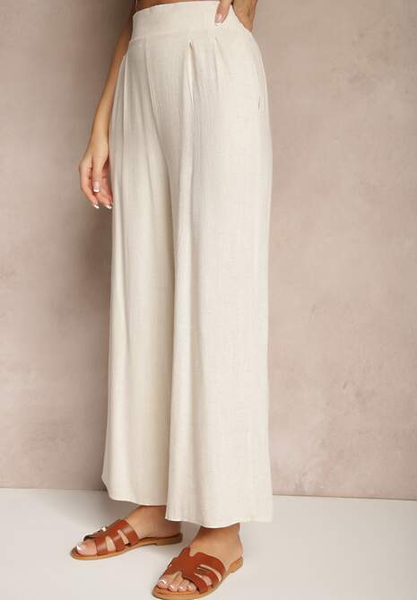 Beżowe Szerokie Spodnie z Lnem High Waist Sanariela
