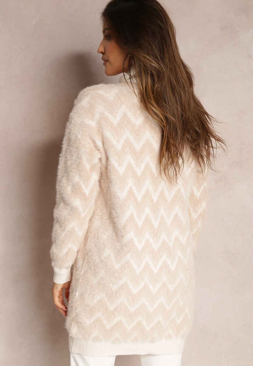 Beżowy Niezapinany Kardigan o Przedłużonym Fasonie w Zygzaki Chevron Oherna