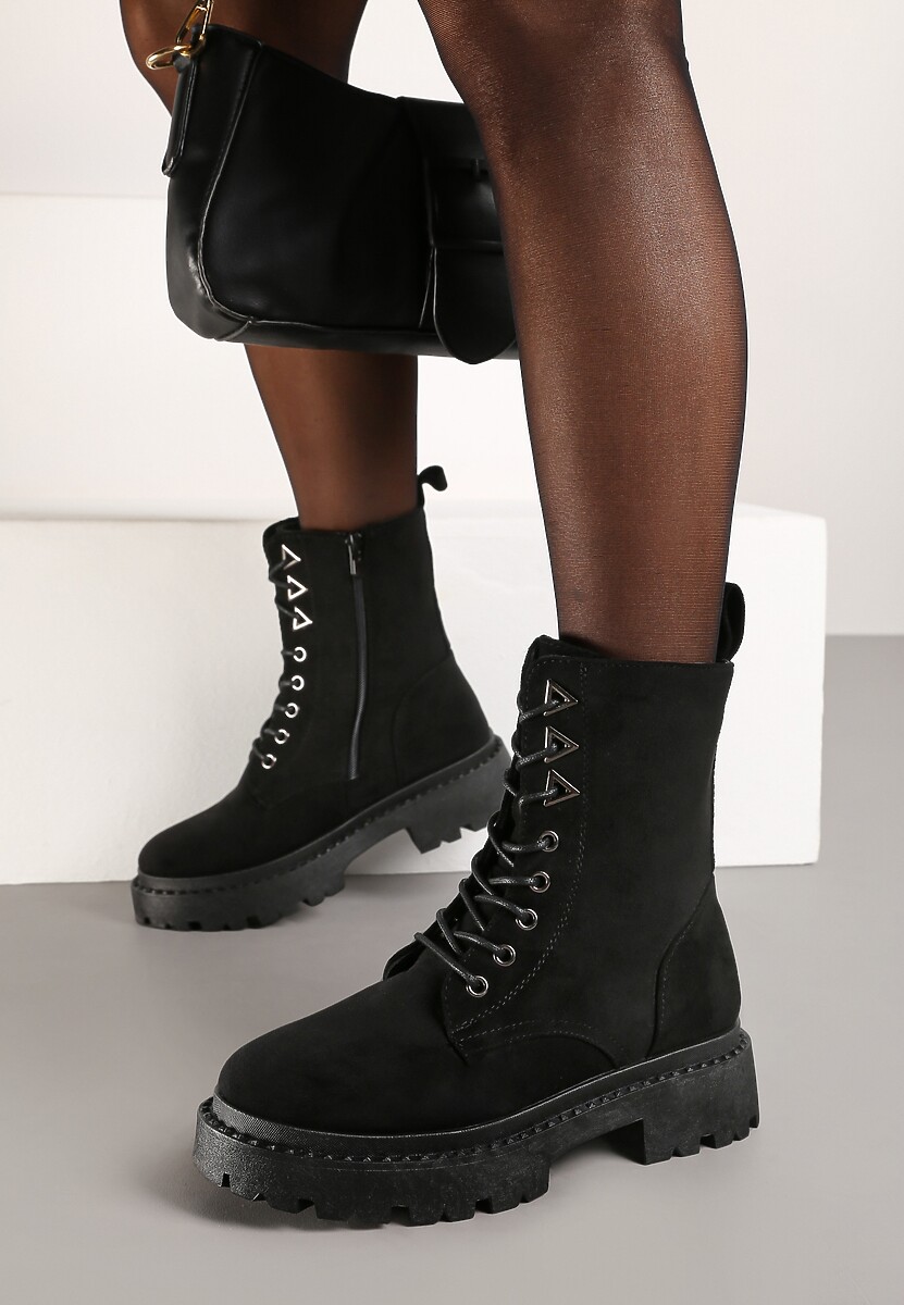 Czarne Sznurowane Botki na Platformie w Stylu Workerów Erisandre