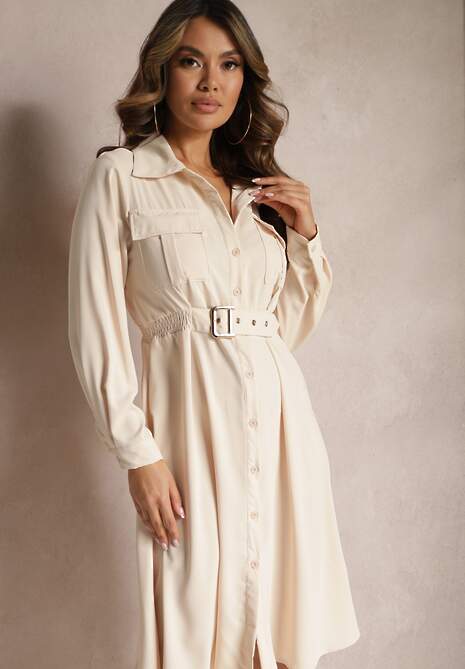 Beżowa Koszulowa Sukienka Midi z Paskiem w Komplecie Neboa