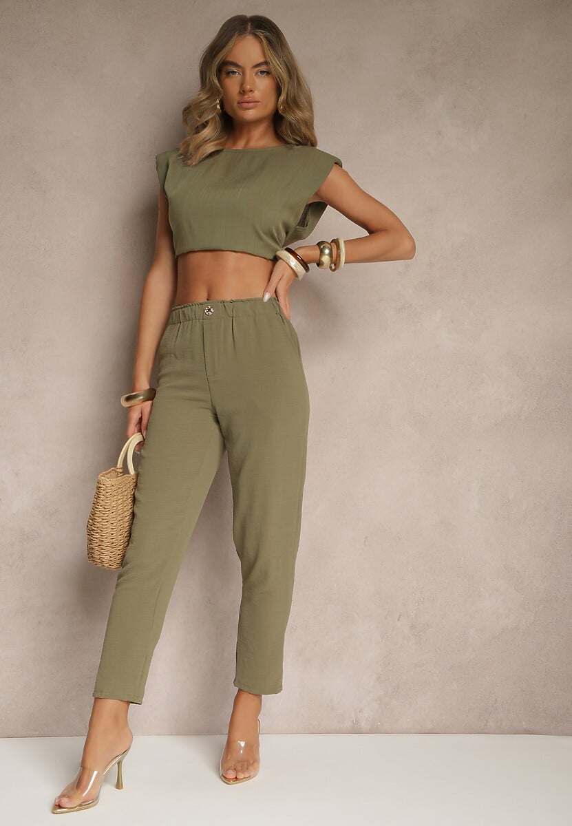 Zielone Klasyczne Spodnie Regular Waist z Gumką w Pasie Tilomira