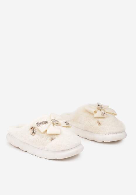 Beżowe Kapcie na Płaskiej Podeszwie z Futerkiem Kokardą i Cyrkoniami Mianoria