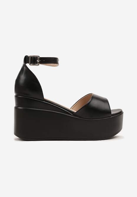 Czarne Sandały na Koturnie z Paskiem z Klamerką Palinorea