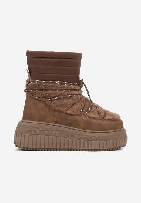 Brązowe Śniegowce na Platformie z Tłoczeniem Ozdobione Futerkiem i Pikowaniem Adallie