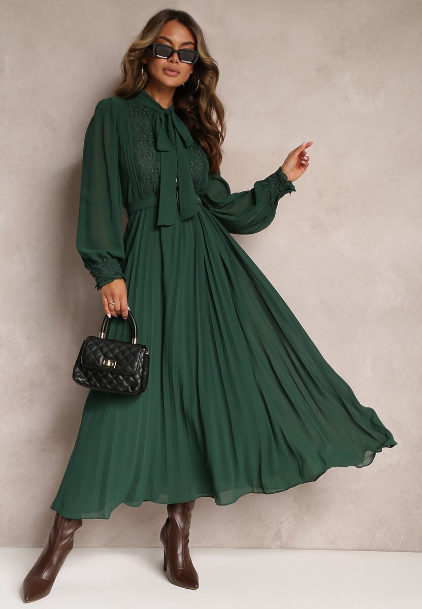 Ciemnozielona Plisowana Sukienka Maxi z Koronką i Paskiem Venila