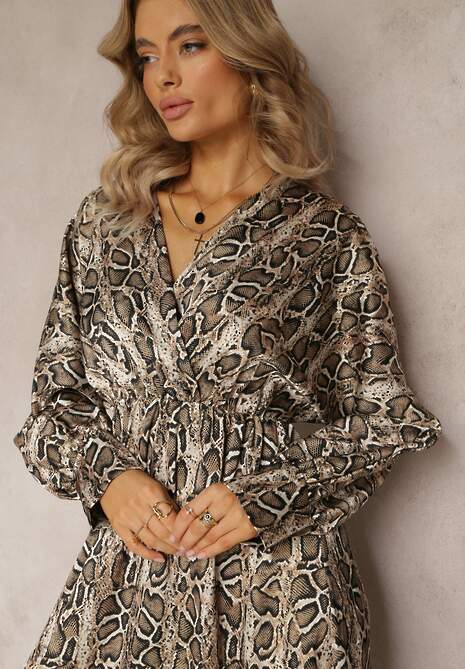 Jasnobeżowa Sukienka w Panterkę z Kopertowym Dekoltem Balme