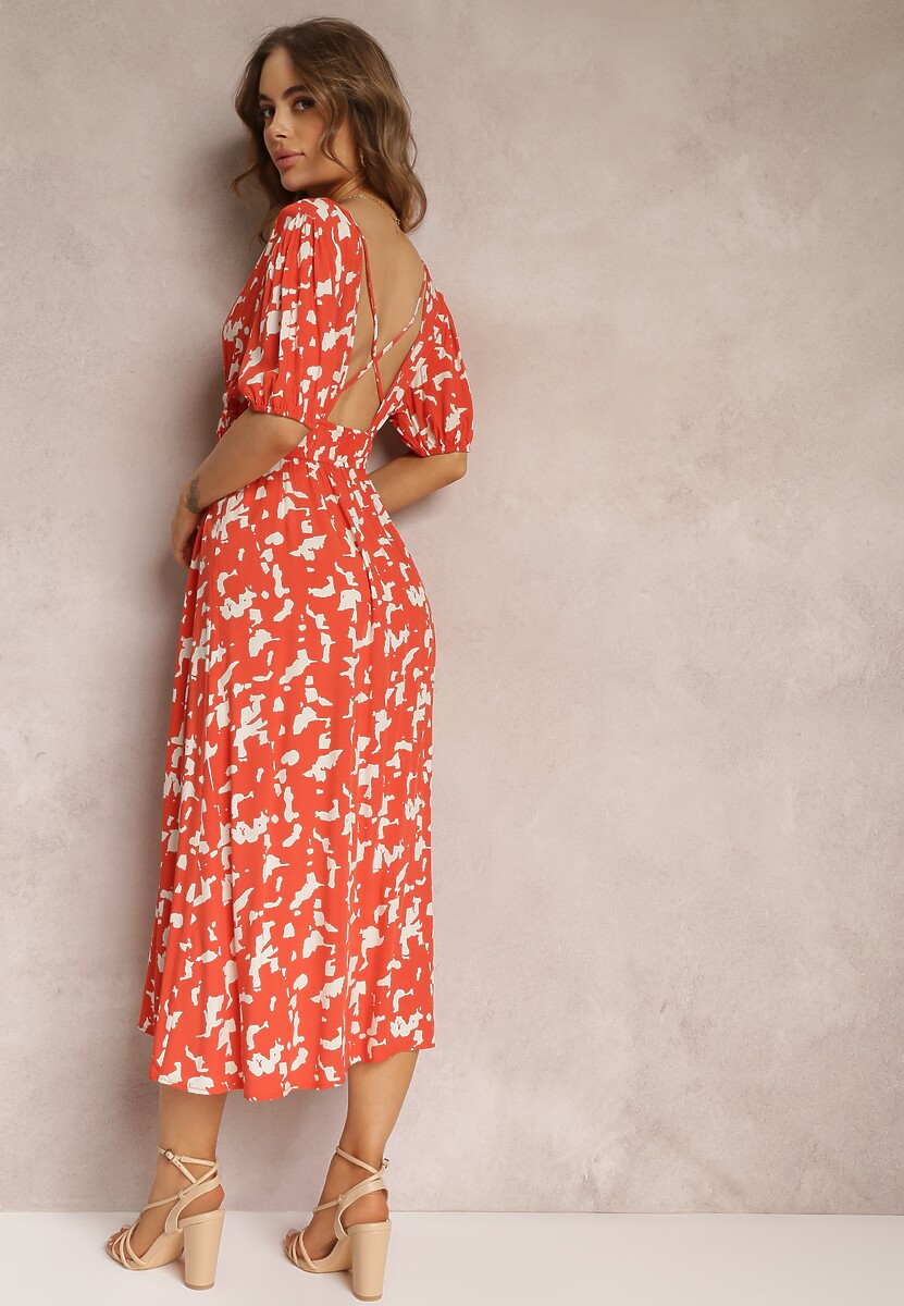 Pomarańczowa Rozkloszowana Sukienka Mii z Gumką w Talii z Głębokim Dekoltem z Wiskozy Xyra