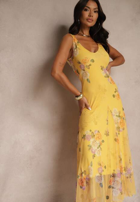 Żółta Sukienka Siateczkowa w Kwiaty Milosea