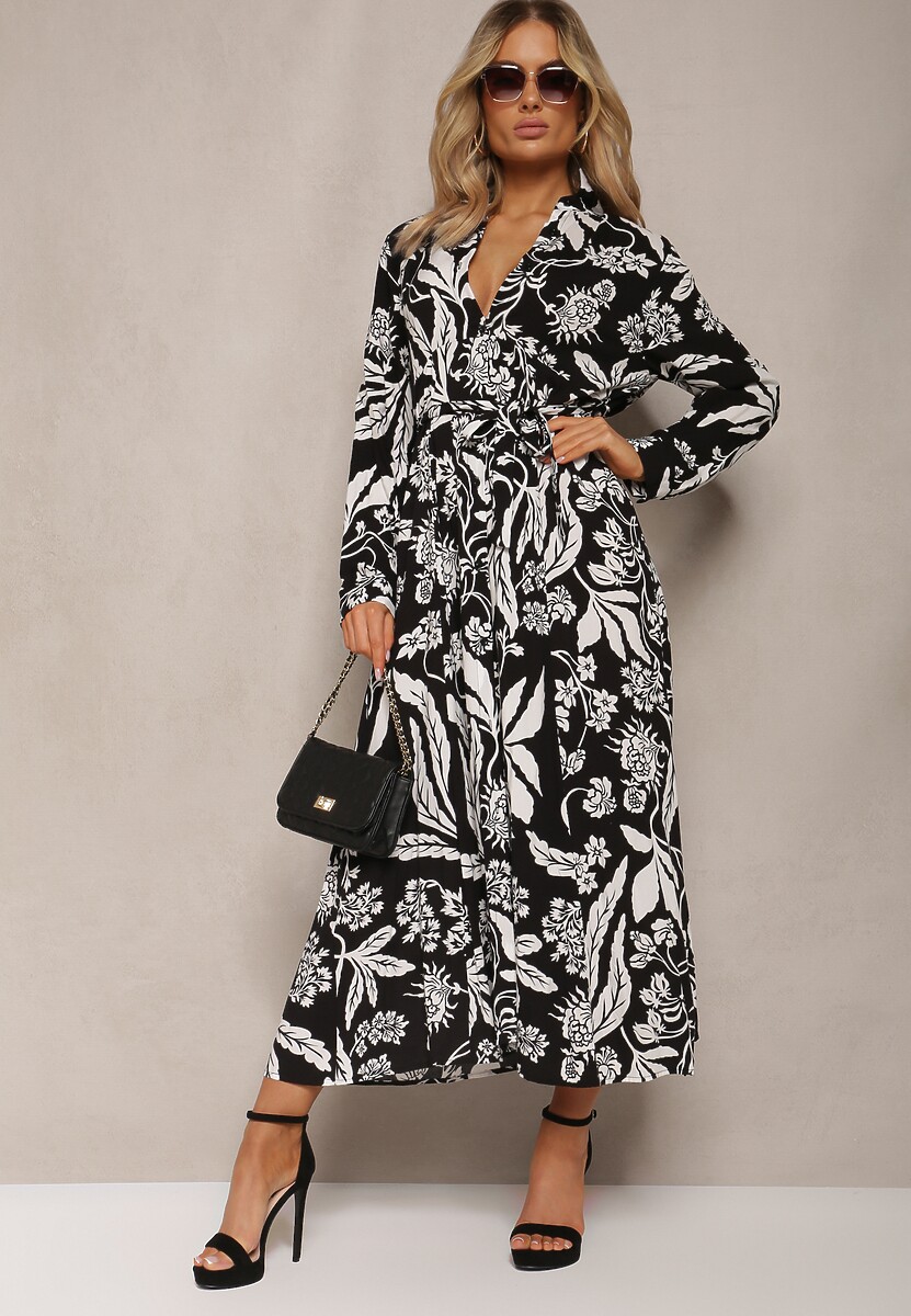 Czarno-Biała Sukienka o Długim Koszulowym Fasonie z Wzorem w Kwiaty Seraplle