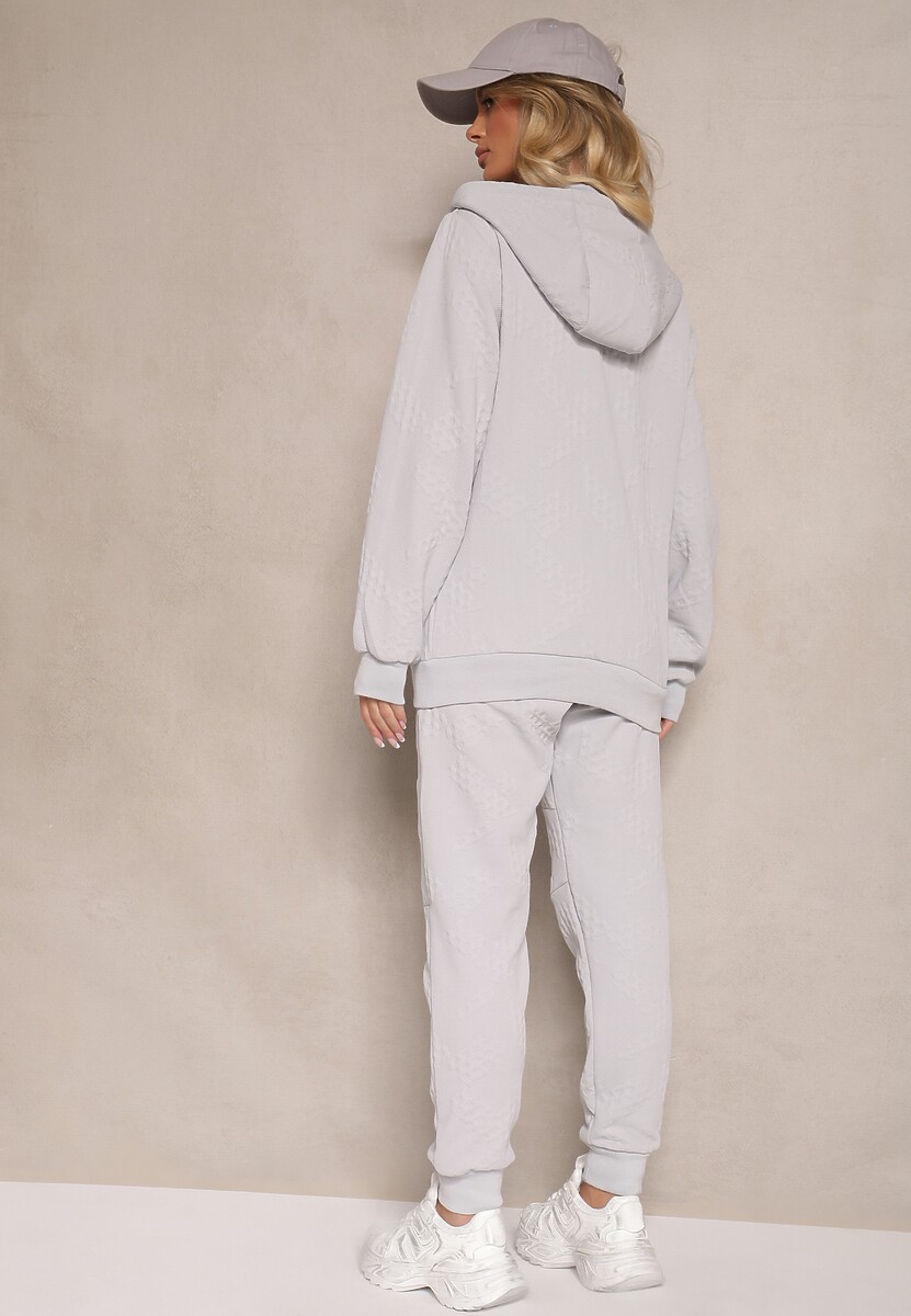 Szary Komplet Dresowy Zdobiony Tłoczeniem Bluza z Kapturem i Joggery Tuseira