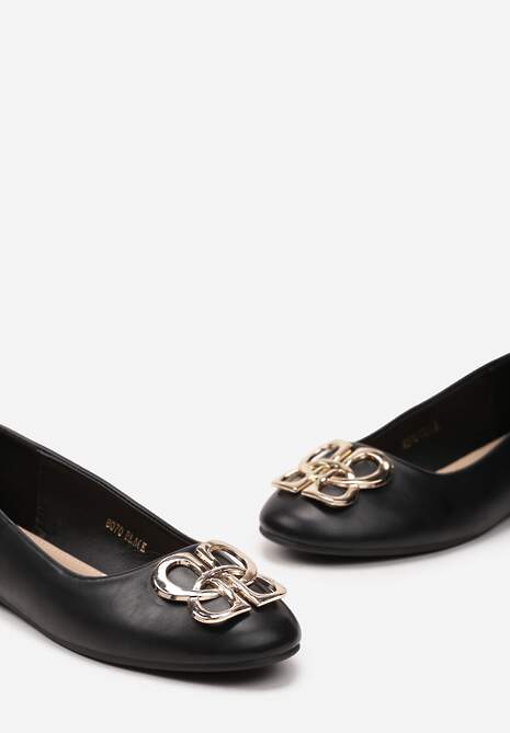 Czarne Balerinki Klasyczne Wsuwane ze Złotą Ozdobą z Metalu Tarins