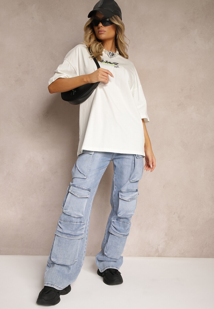 Biało-Kremowa Koszulka T-shirt o Kroju Oversize z Kolorowym Nadrukiem na Plecach Tarimea