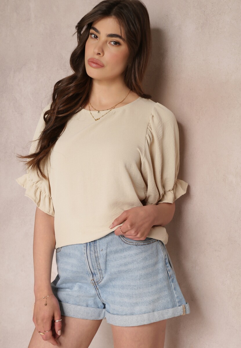 Ciemnoróżowa Bluzka z Falbankami na Krótkich Bufiastych Rękawach Janila