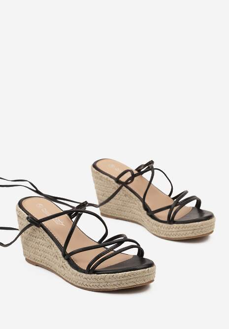 Czarne Boho Sandały na Koturnie z Plecionką z Juty Wiązane Wokół Kostki Saalka