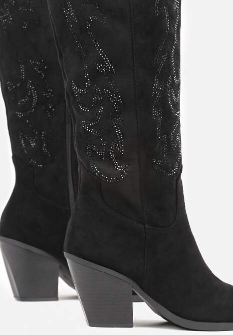 Czarne Kozaki Kowbojki na Stożkowym Obcasie Zdobione Cyrkoniami Nalera