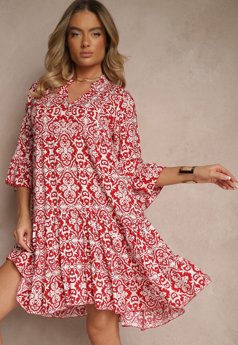 Czerwona Rozkloszowna Sukienka z Bawełny w Ornamentalny Wzór z Falbaną Lanariella