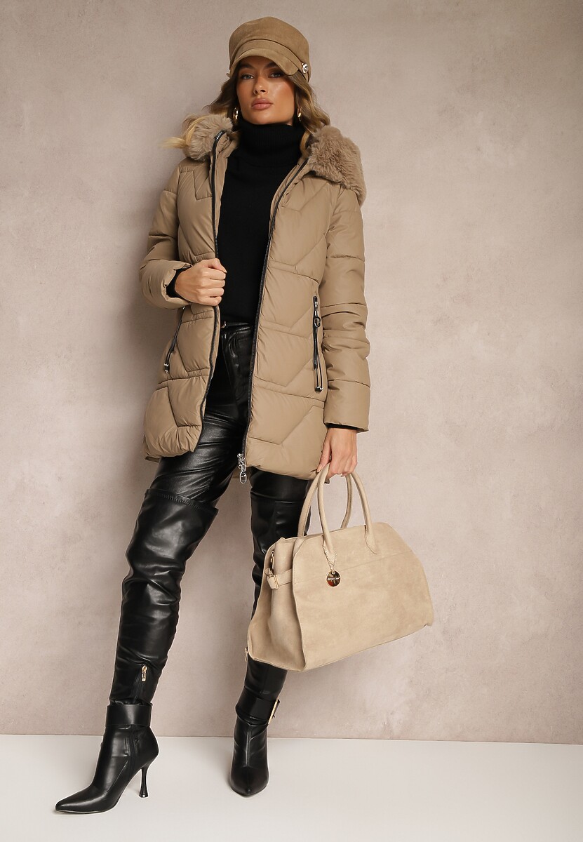 Beżowa Zimowa Kurtka Pikowana Ozdobiona Futrzanym Kołnierzem Elladriel