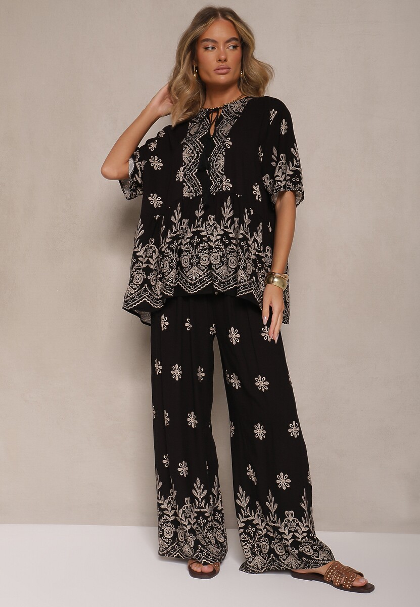 Granatowy Komplet z Wiskozy Spodnie i Bluzka Ozdobiona Wiązaniem Lunarelis