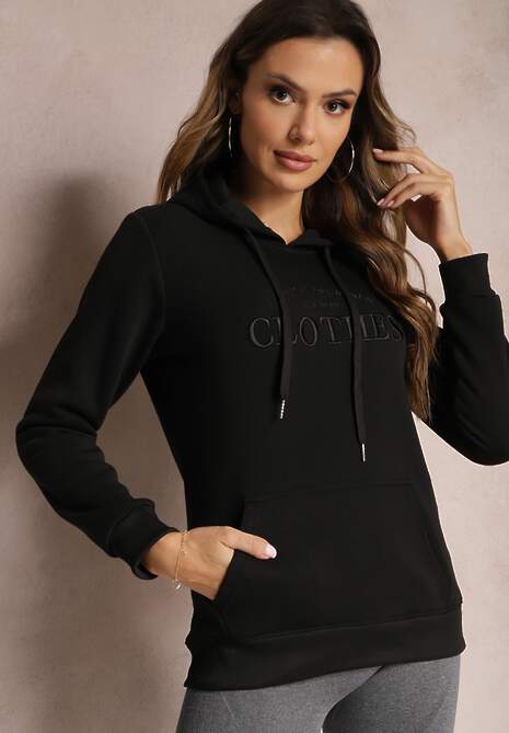 Czarna Ocieplana Bluza z Haftem i Kapturem Ieliana