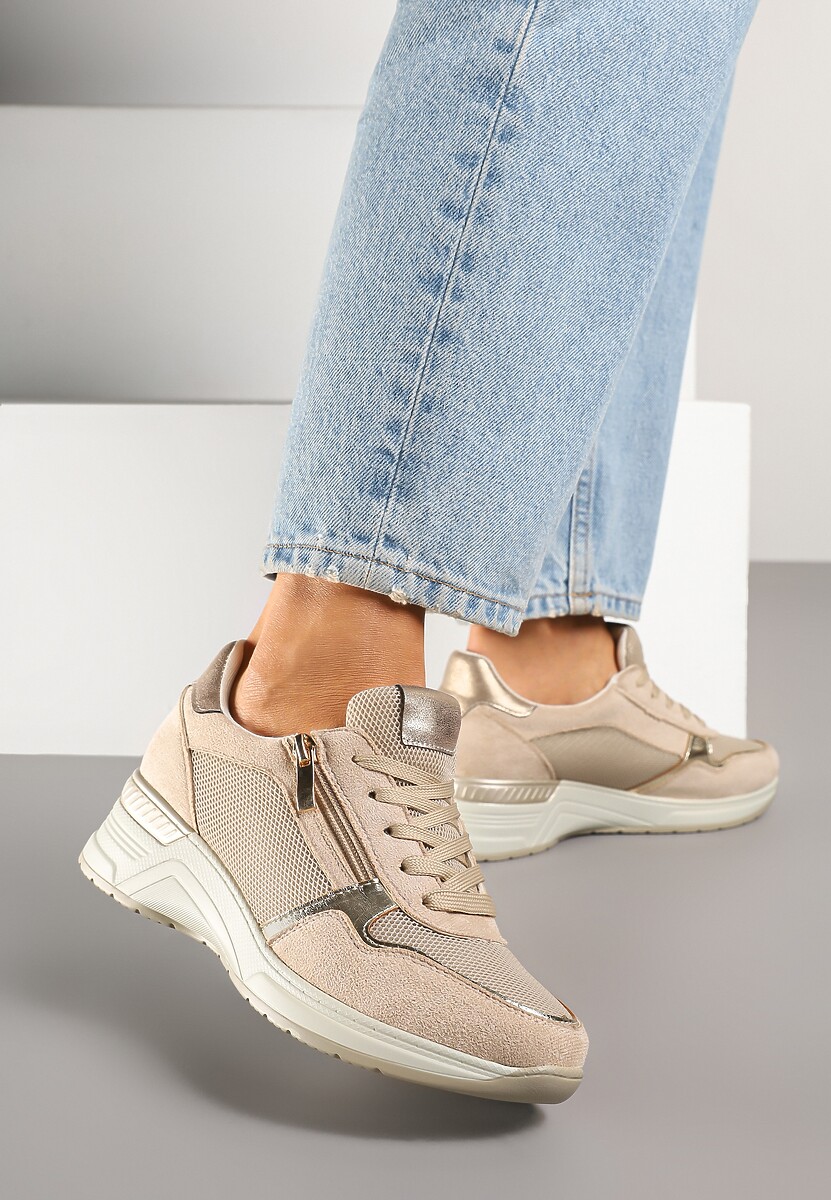 Białe Sneakersy na Koturnie z Wkładką ze Skóry Naturalnej Ozdobione Suwakiem Arivios