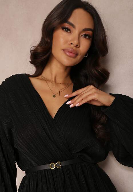 Czarna Sukienka Metaliczna Plisowana z Paskiem Fonelle