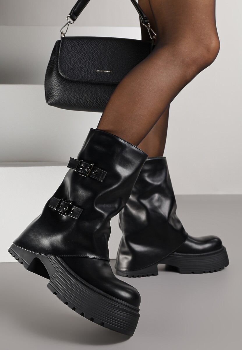 Czarne Botki Biker Vices z Wywiniętą Cholewką Platformą i Klamrami Reinila