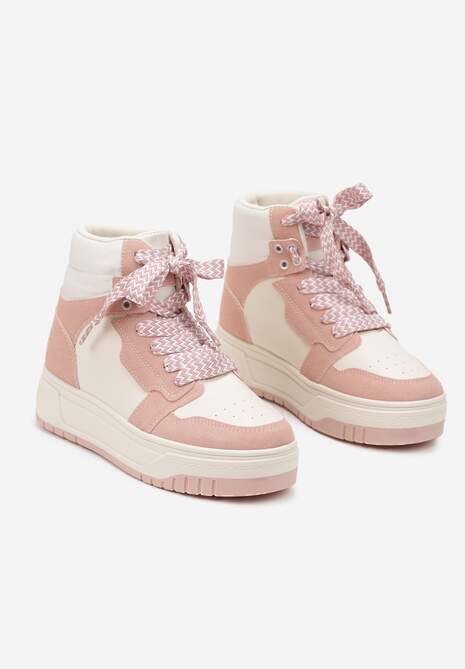 Różowe Sneakersy na Platformie z Wysoką Cholewką Ozdobione Perforacją Mivaria