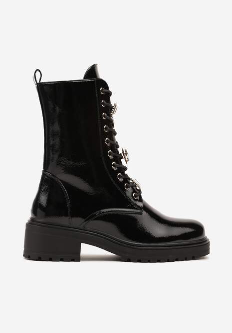 Czarne Płaskie Sznurowane Botki Workery Ozdobione Cyrkoniami Niathria