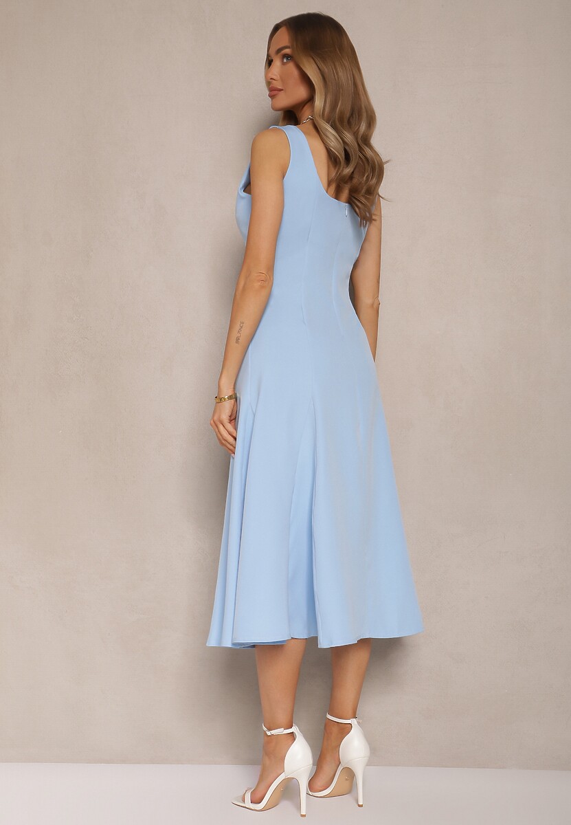 Niebieska Rozkloszowana Sukienka w Klasycznym Stylu Deslene