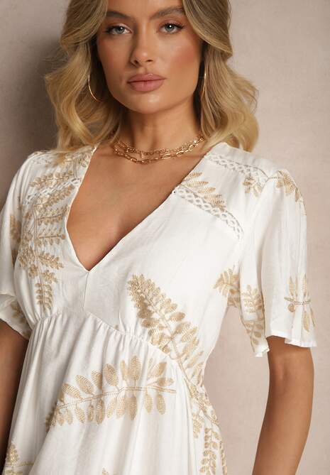 Biała Rozkloszowana Sukienka z Wiskozy Ozdobiona Haftowanymi Liśćmi Tirvesa