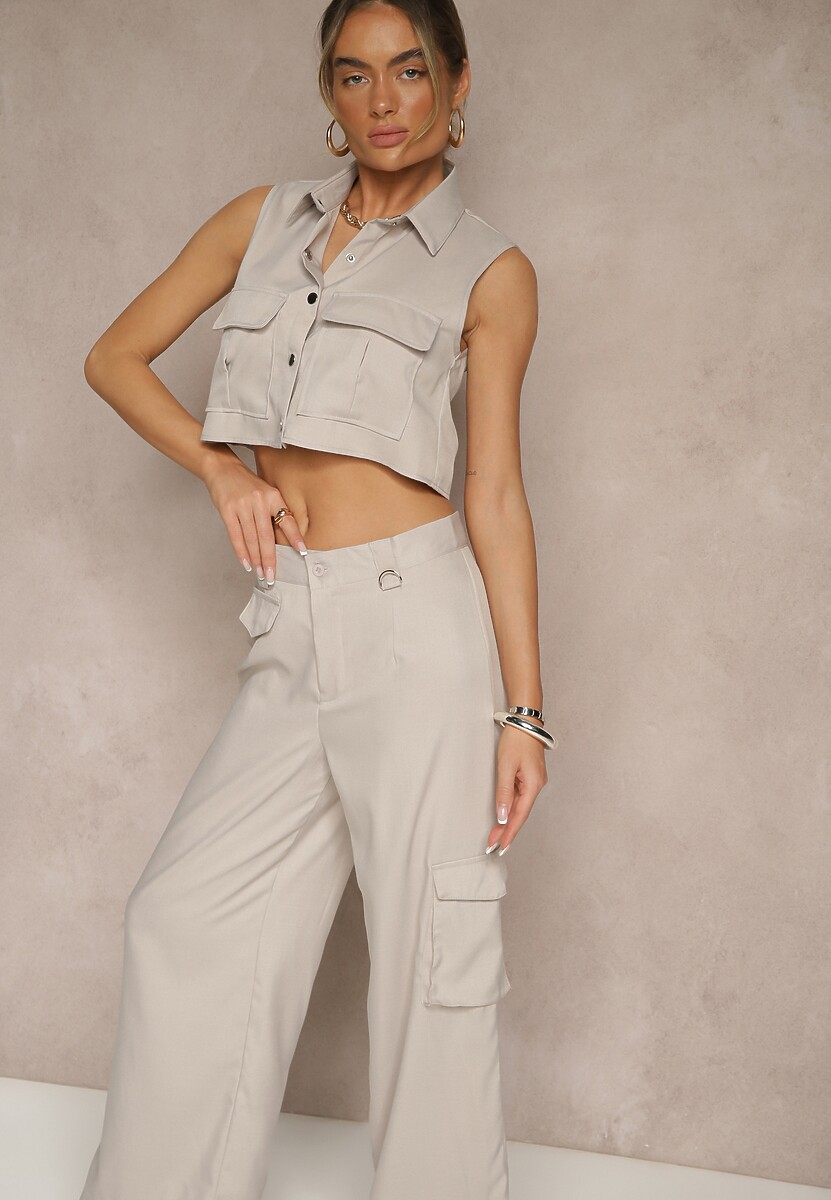 Jasnobeżowy Komplet Koszulowa Kamizelka i Spodnie o Szerokim Kroju w Stylu Cargo Zibelle
