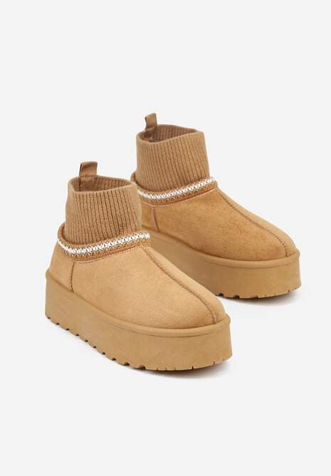 Jasnobrązowe Śniegowce VICES na Platformie ze Skarpetkową Cholewką i Haftem Ebentia