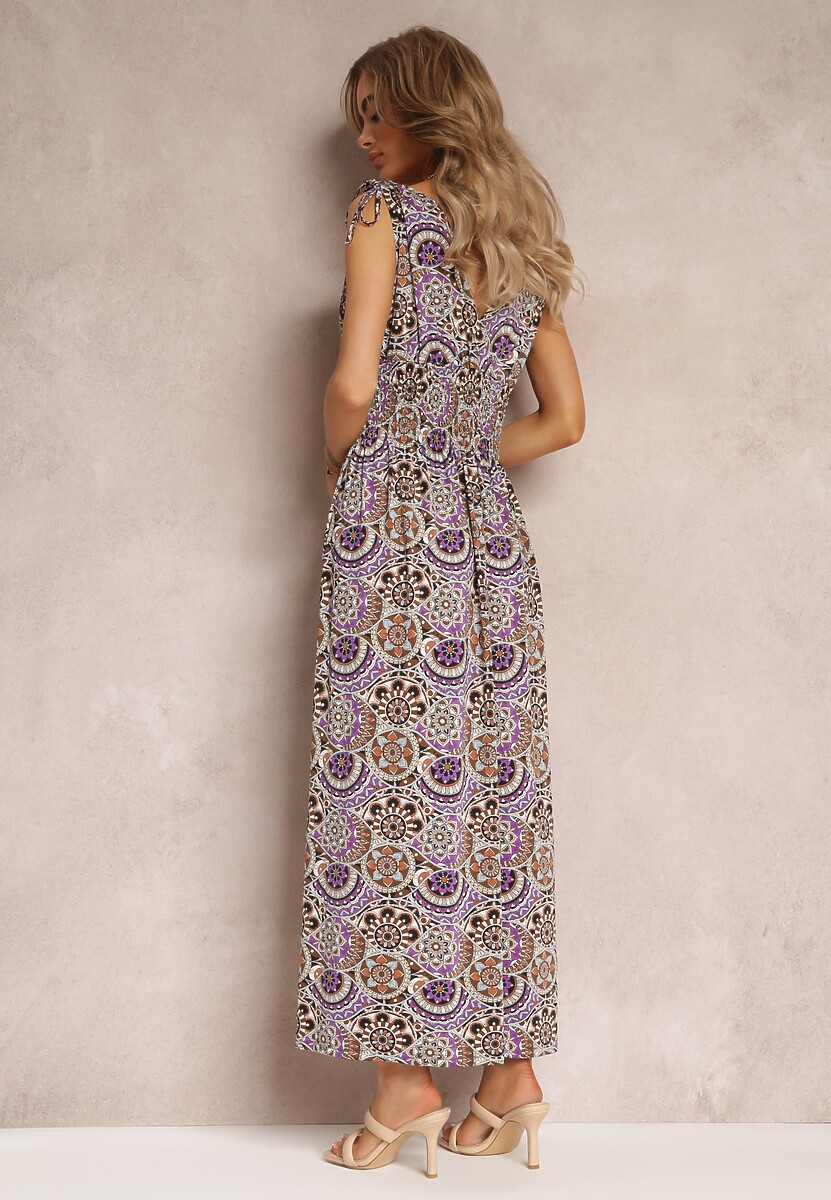 Fioletowa Kwiecista Sukienka Maxi z Gumką w Talii z Wiskozy Aslana