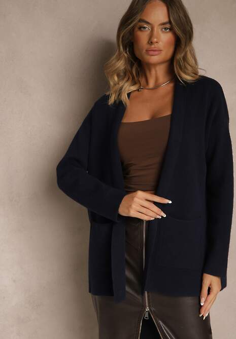 Granatowy Kardigan z Kaszmirem o Prostym Kroju Bez Zapięć z Kieszeniami Zaisa