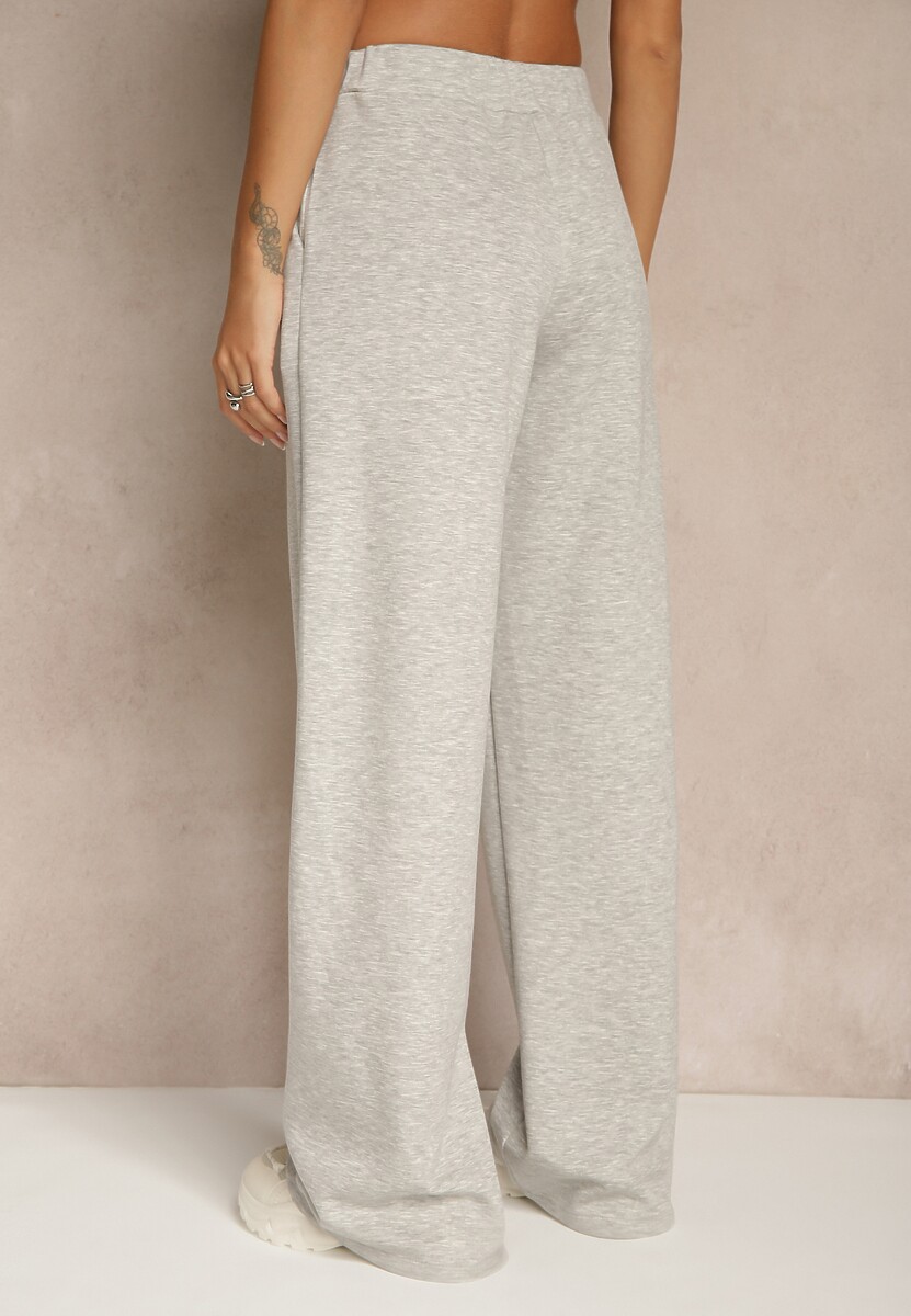 Jasnoszare Spodnie z Wiskozą o Szerokim Kroju Ozdobione Kantem Belhira