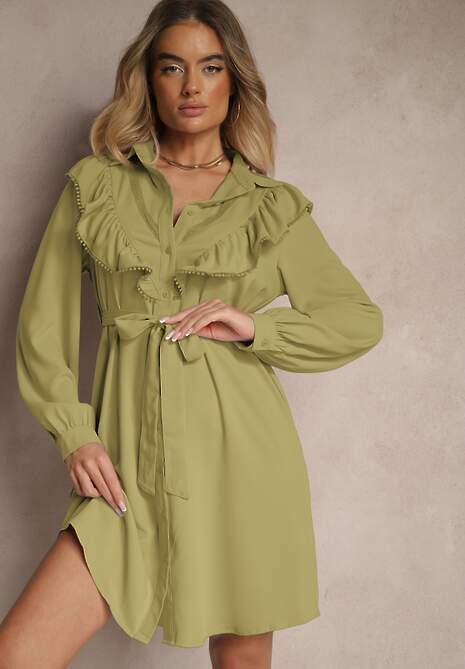 Zielona Rozkloszowana Sukienka Koszulowa z Falbankami i Koronką Naik