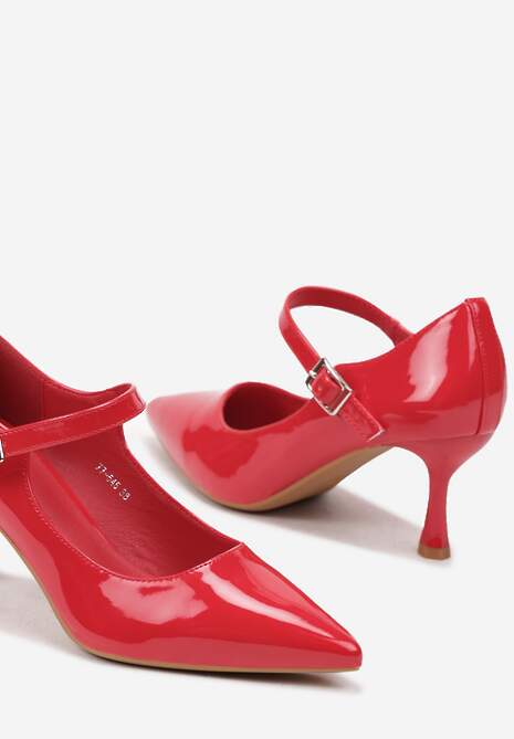 Czerwone Czółenka Lakierowane na Szpilce z Ozdobnym Paskiem na Sprzączkę Erisla