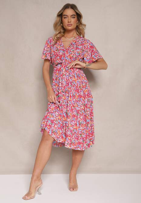 Czerwona Sukienka z Plisami w Kwiecisty Print o Rozkloszowanym Kroju Lanelin