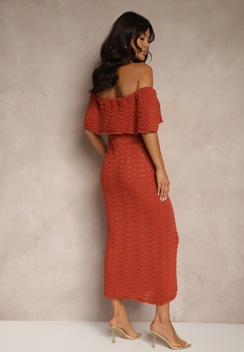 Pomarańczowa Sukienka Hiszpanka z Ażurowej Tkaniny z Ozdobnym Dekoltem Filadella