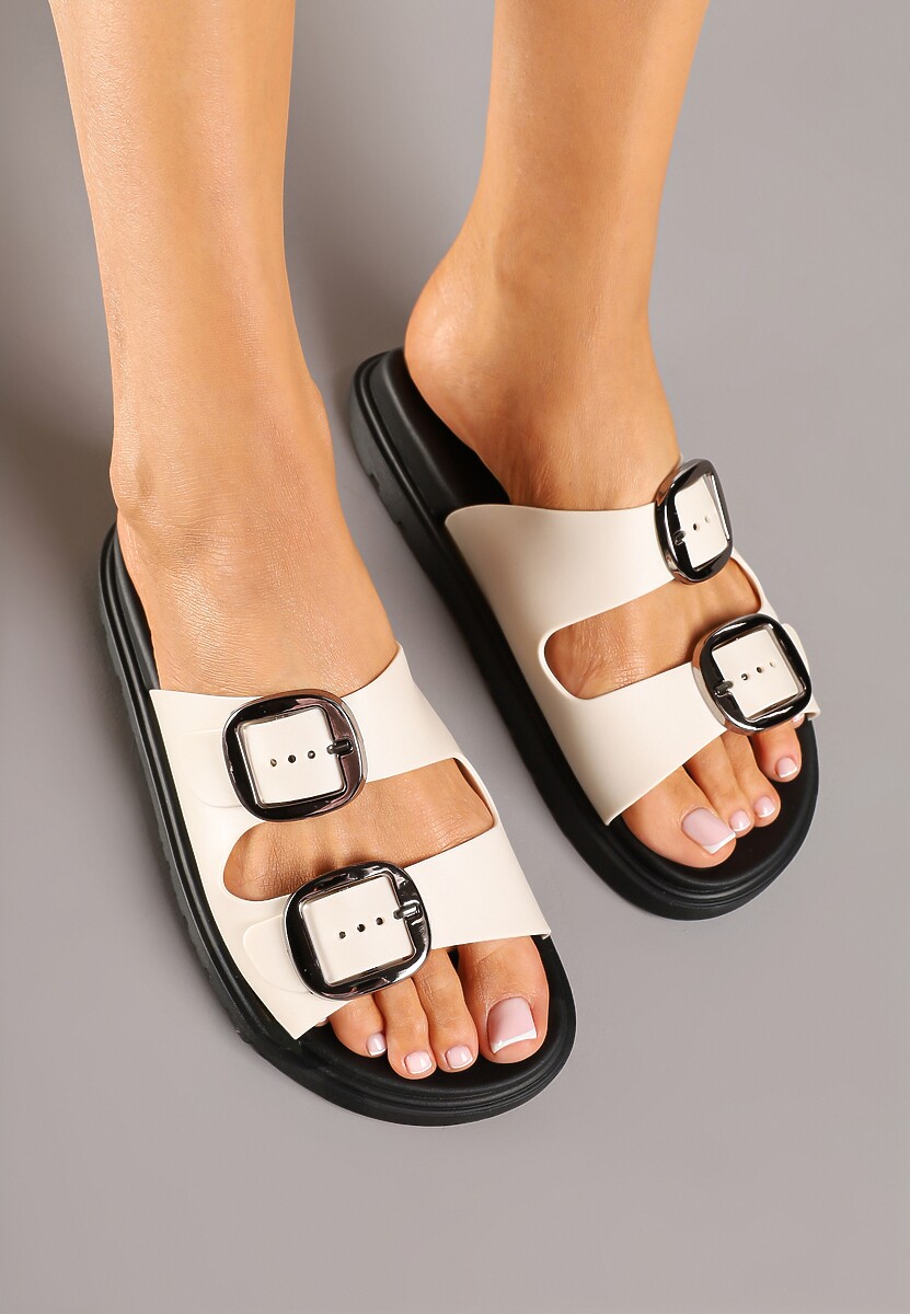 Beżowe Klapki Ozdobione Klamrami Nusarria