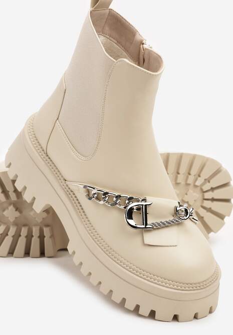 Beżowe Botki na Platformie w Stylu Sztybletów Ozdobione z Przodu Łańcuchem Tinarelle