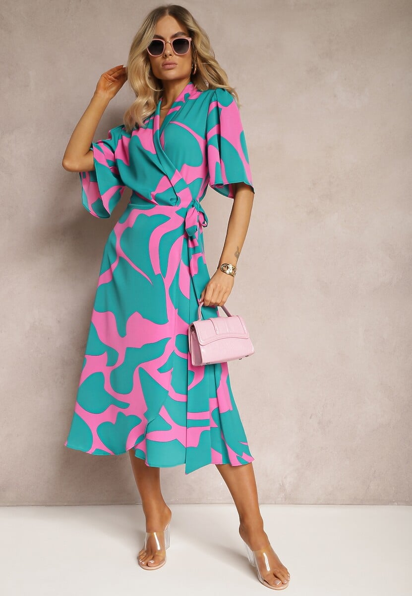 Niebiesko-Różowa Sukienka o Kopertowym Fasonie z Wiązaniem w Talii Uzilena