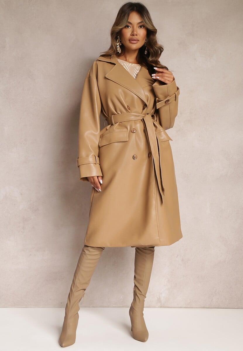 Jasnobeżowy Dwurzędowy Płaszcz z Imitacji Skóry z Paskiem Dyrine