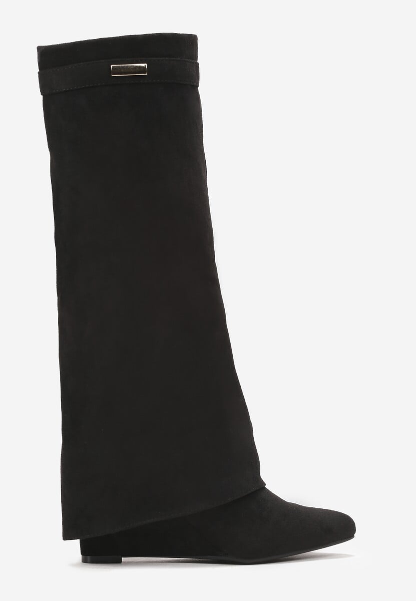 Czarne Kozaki z Wywiniętą Cholewką na Koturnie Turade