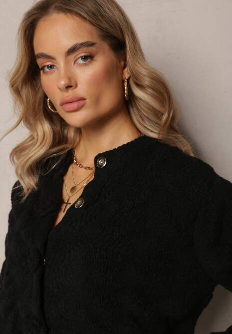 Czarny Kardigan z Miękkiej Dzianiny w Kwiaty Nufreda